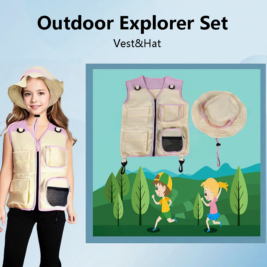 Outdoor Camping Activities For Kids - Dziecięcy strój odkrywcy: kamizelka, kapelusz, zestaw