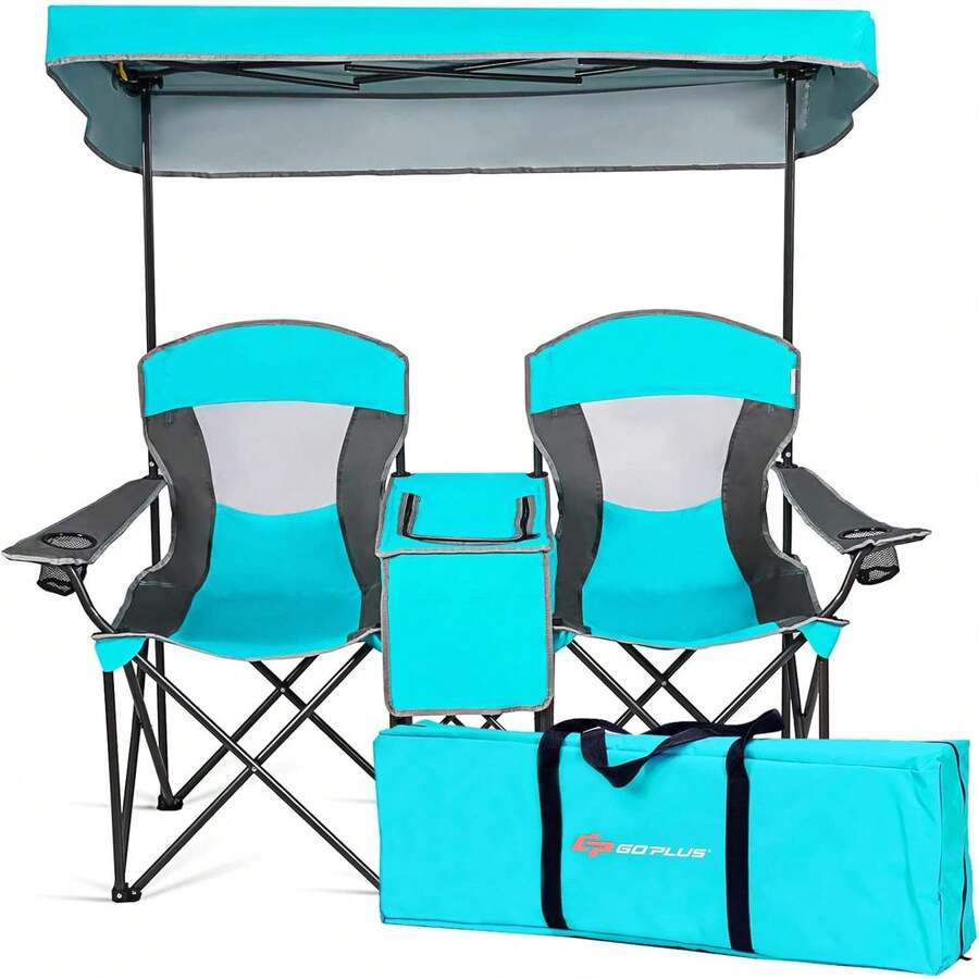 Outdoor Camping Folding Table - Podwójne krzesło plażowe z osłoną przeciwsłoneczną,